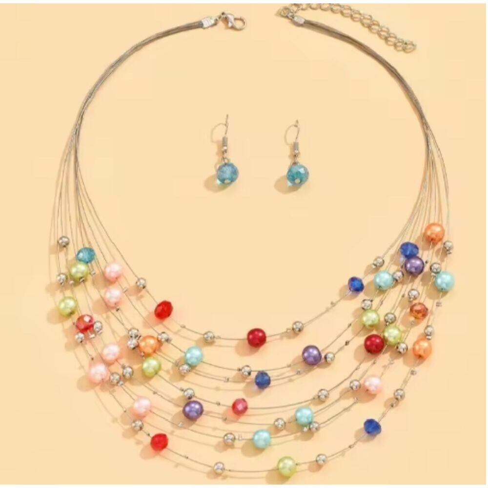Beads on Wire Necklace and Earring Set Colorful Boho Pastels Multi Strand New